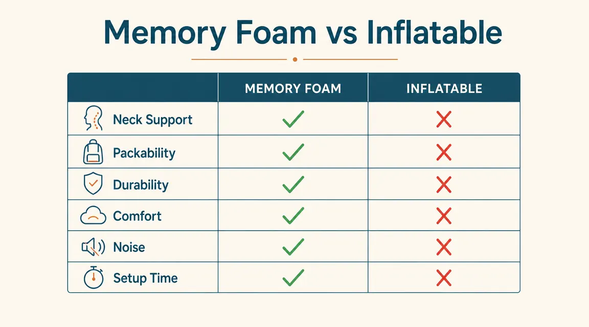 Side-by-side comparison chart showing memory foam versus inflatable neck pillow across six key attributes