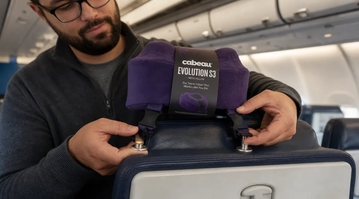 Traveler clipping a neck pillow to the back of an airplane headrest using seat strap clips