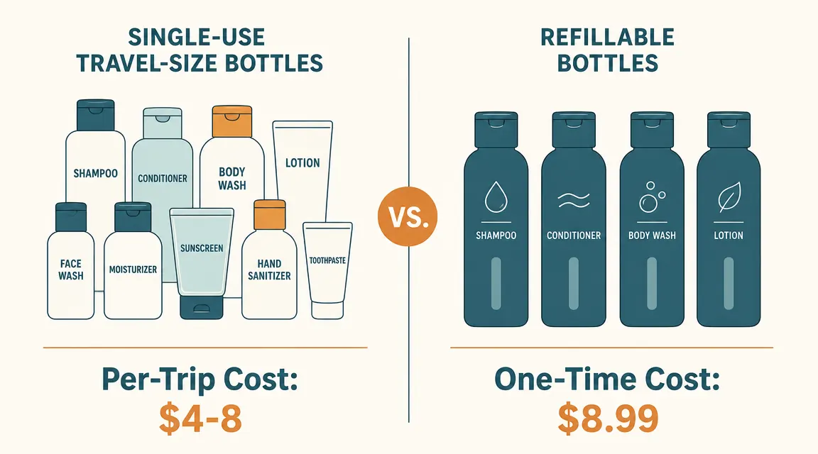 Row of travel-size single-use bottles next to a single set of refillable bottles with a dollar-cost comparison label