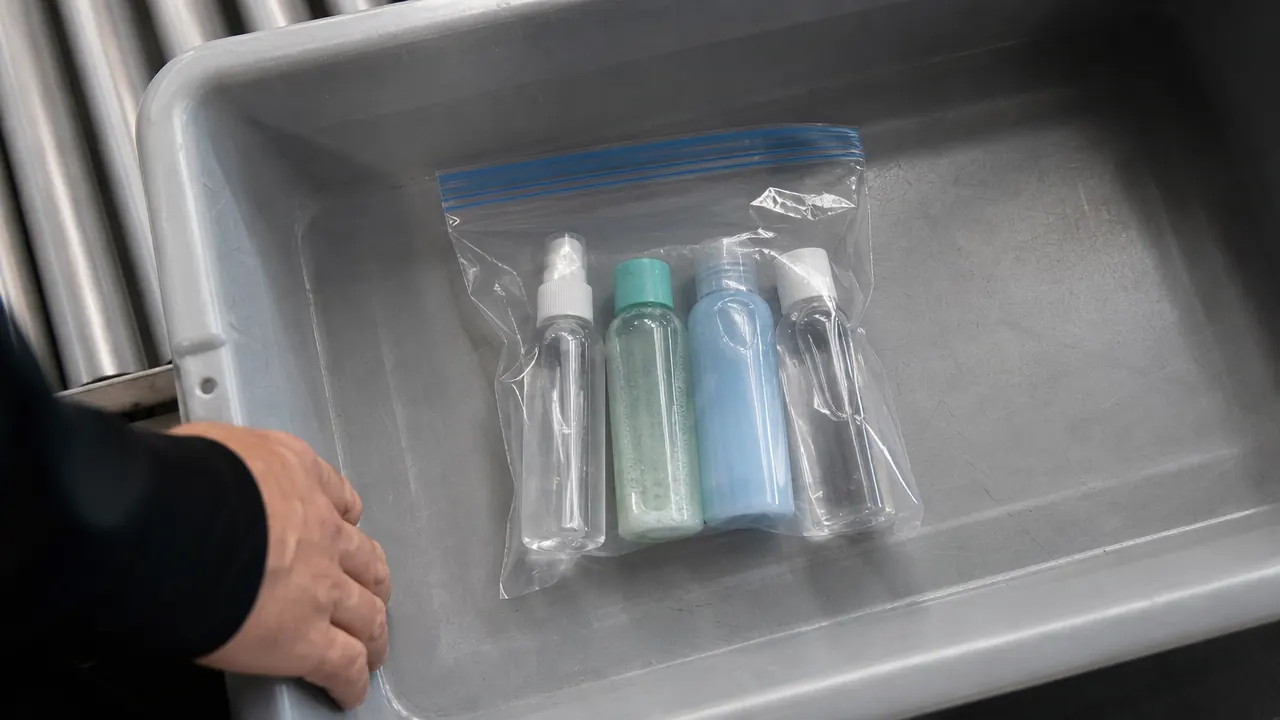Small clear travel bottles inside a quart-size zip-lock bag at airport security