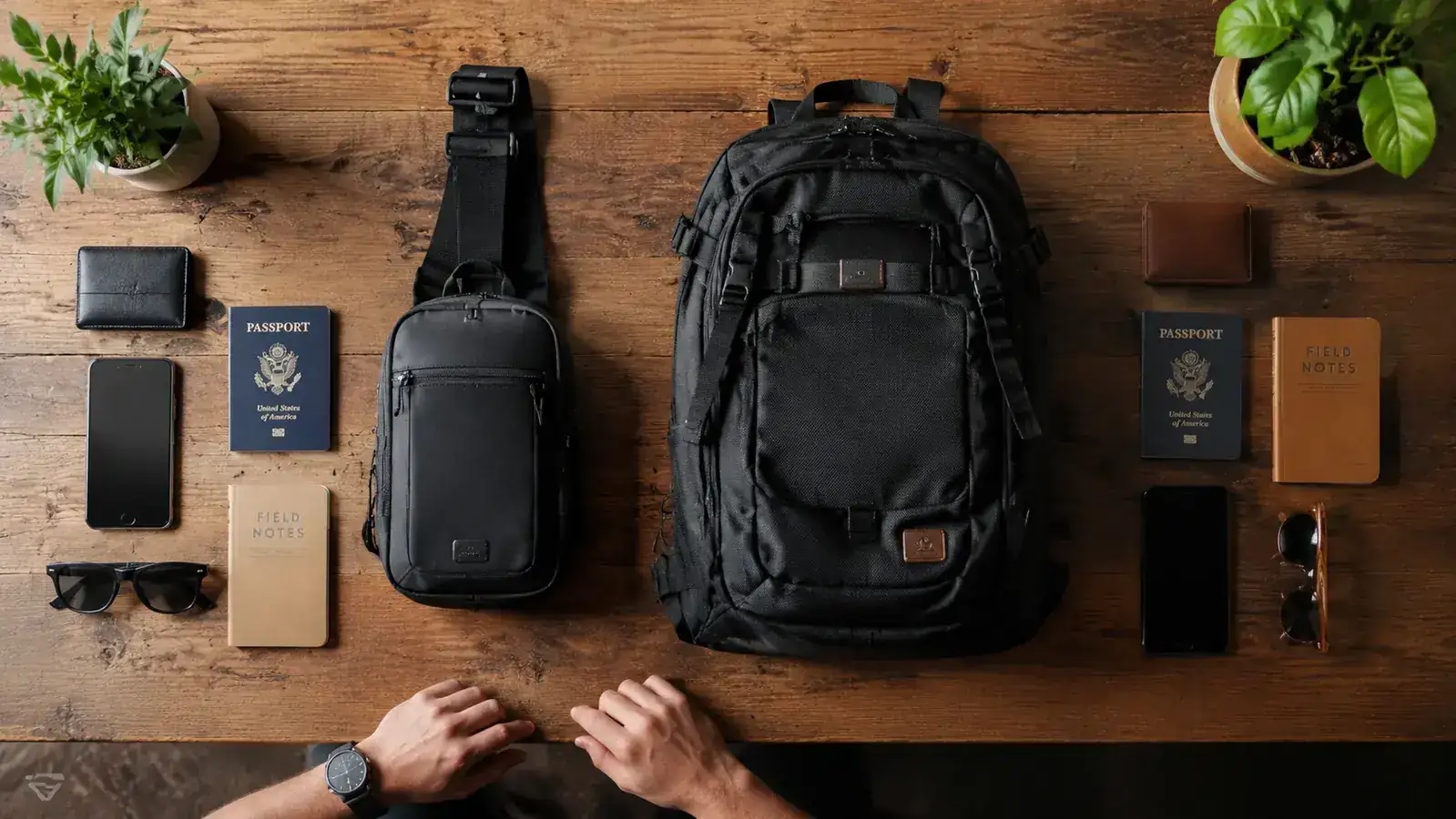Flat-lay comparison showing RFID sling bag versus regular daypack with items organized inside each