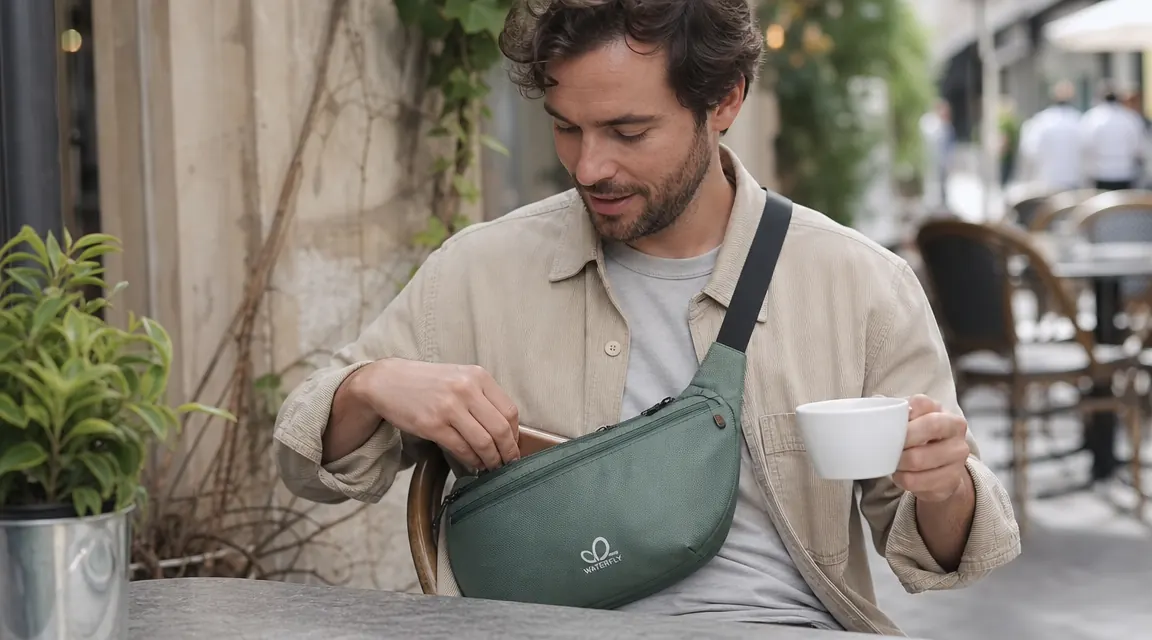 Traveler accessing the front zip pocket of a sling bag without taking it off while seated at a cafe