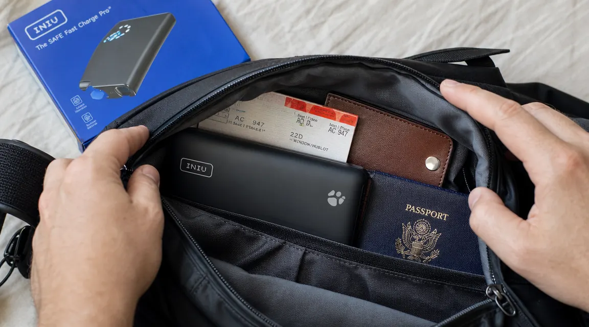 Slim INIU 45W power bank lying flat in an open carry-on bag pocket next to a passport and boarding pass