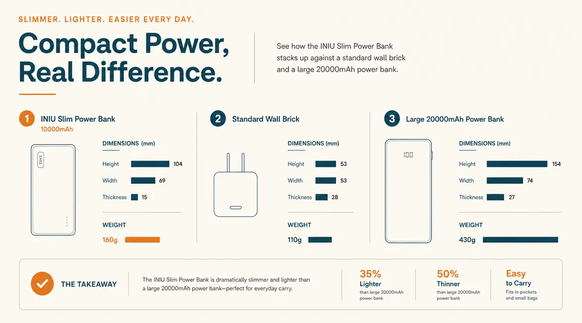Size comparison chart showing the INIU 45W power bank next to a standard wall brick charger and a large bulky power bank
