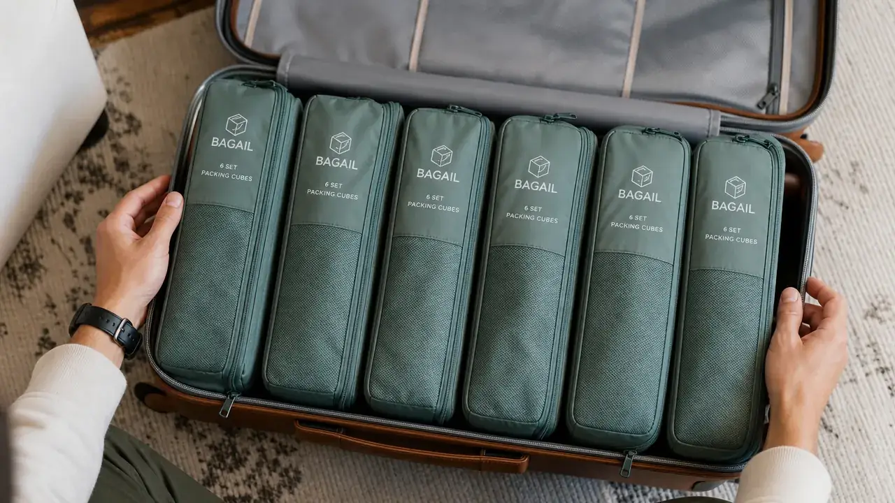 Six colorful packing cubes standing upright inside an open suitcase, organized by category