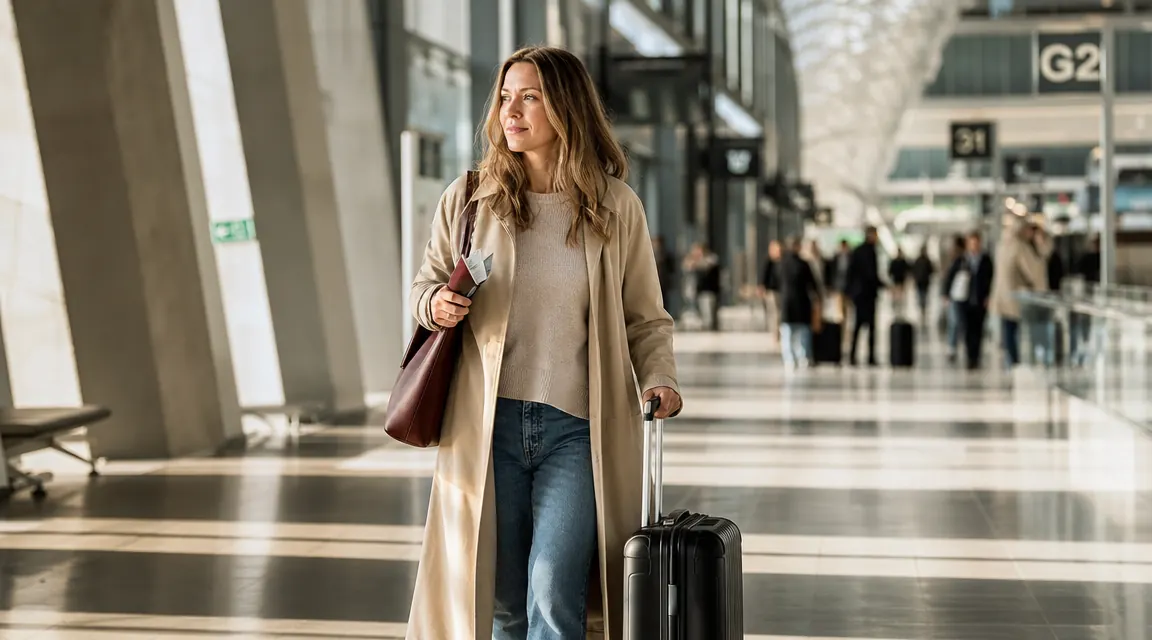 Traveler pulling a small rolling carry-on through a bright airport terminal