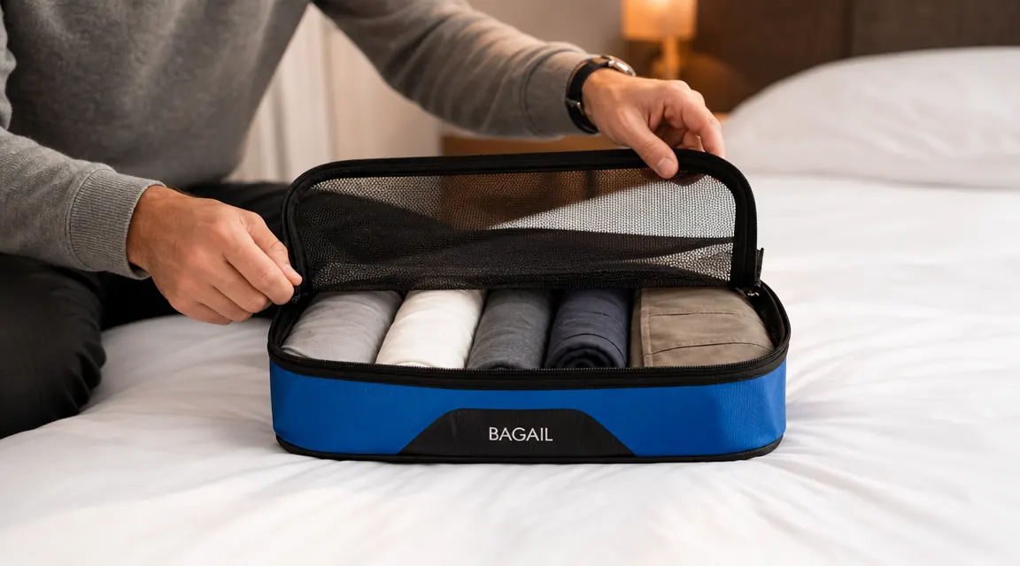 BAGAIL packing cube unzipped and open on a hotel bed showing neatly folded clothes inside the mesh-top compartment