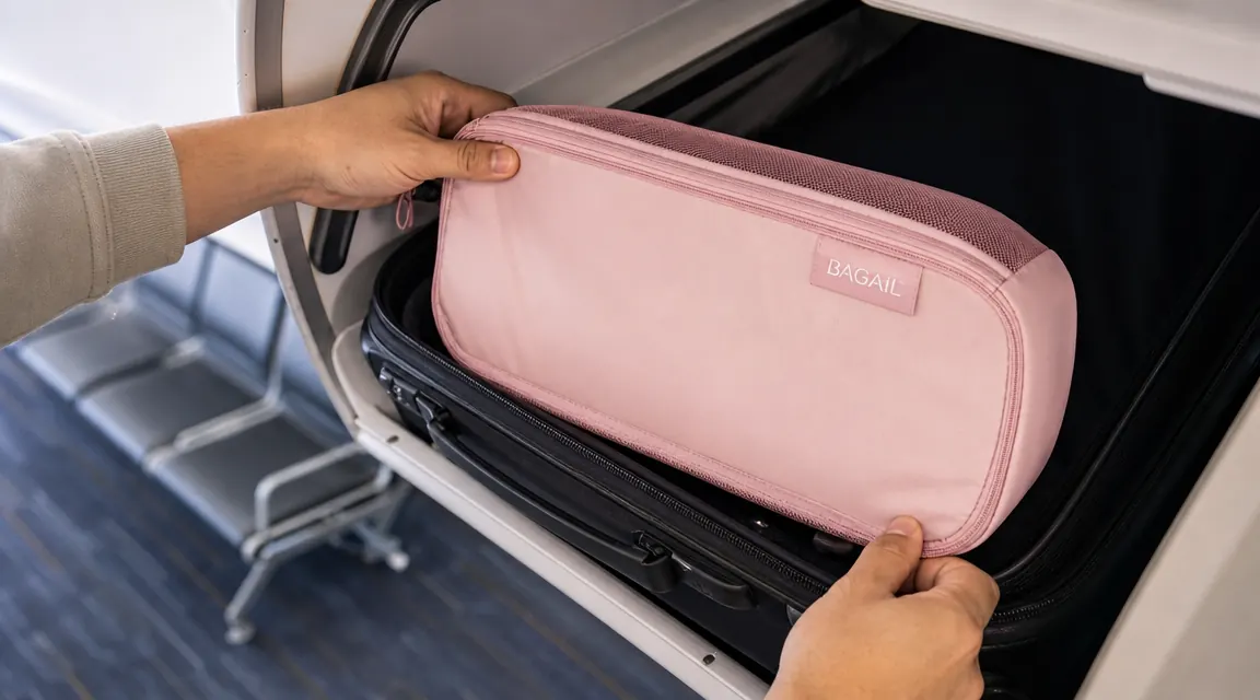 Hands pulling a medium BAGAIL packing cube out of a carry-on bag in an airport terminal setting