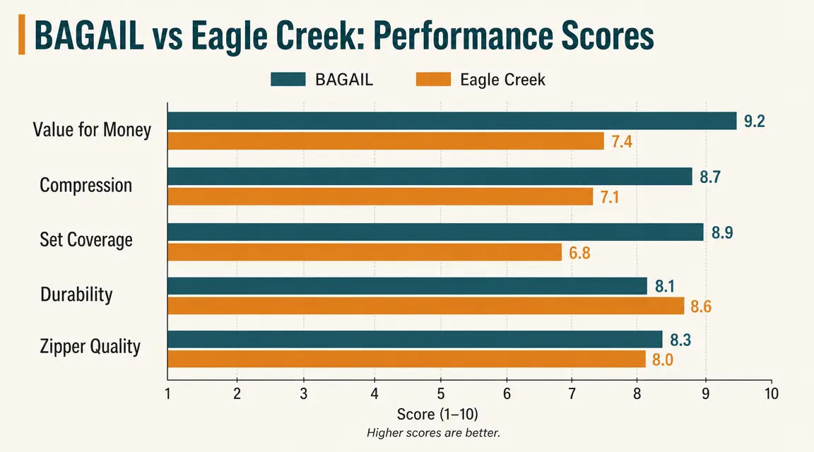 Bar chart comparing BAGAIL and Eagle Creek packing cube scores across five performance categories