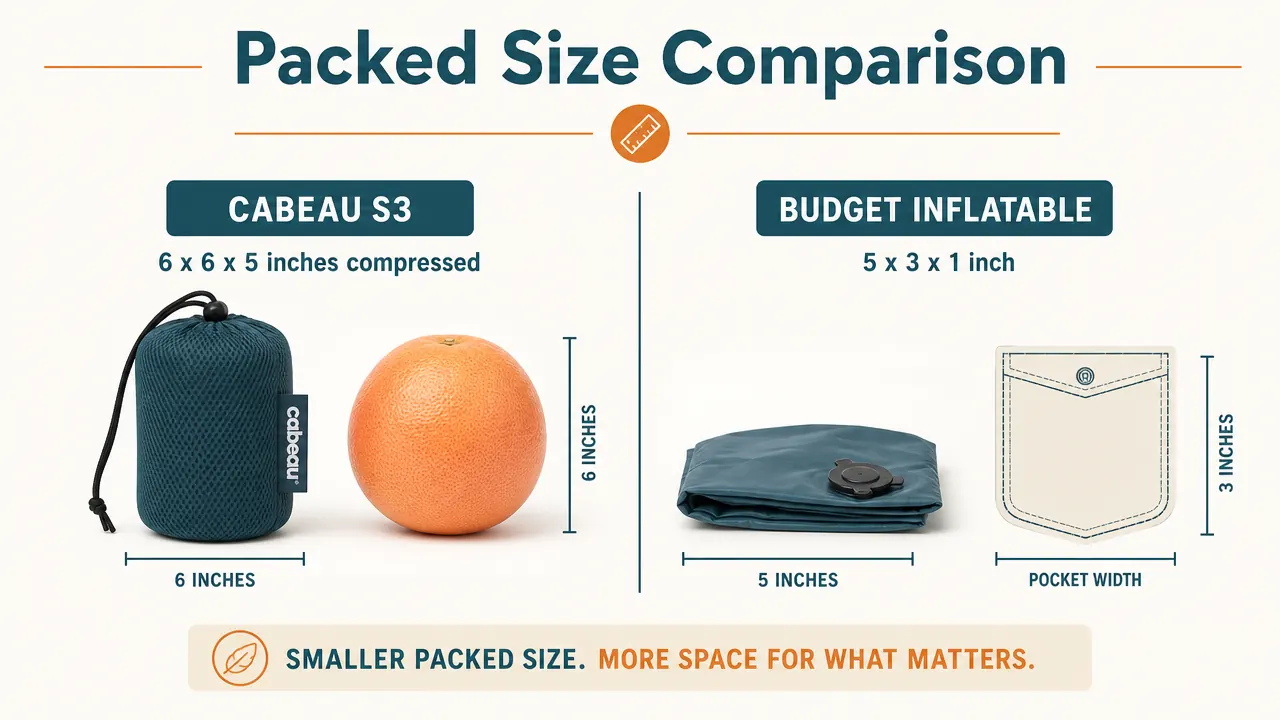 Side-by-side size comparison chart of the Cabeau Evolution S3 versus an inflatable travel pillow when packed