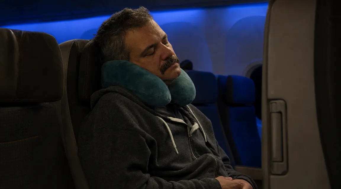 Traveler in a middle seat on a night flight, neck pillow supporting head, eyes closed, reading light off