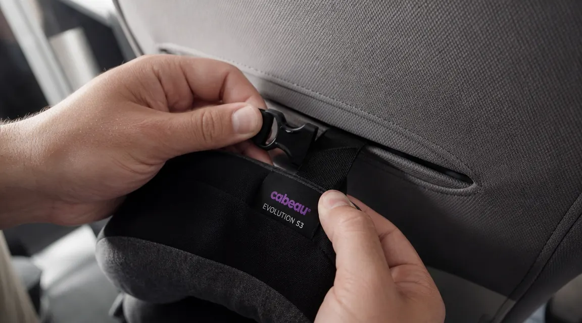 Hand demonstrating the Cabeau seat strap clip threading through an airline headrest slot