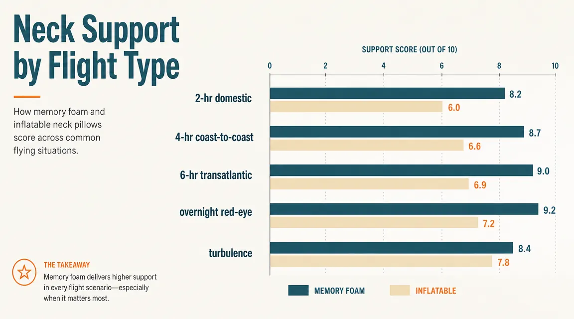 Chart comparing neck support ratings of memory foam versus inflatable travel pillows across five flight types