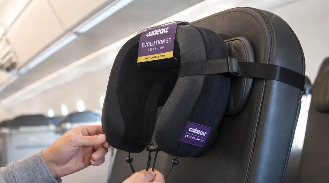 Cabeau Evolution S3 neck pillow clipped to the back of an airplane headrest using its seat strap system
