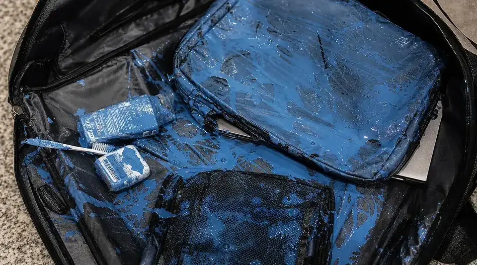 Ruined carry-on interior with shampoo residue coating the fabric and a crushed travel-size bottle visible