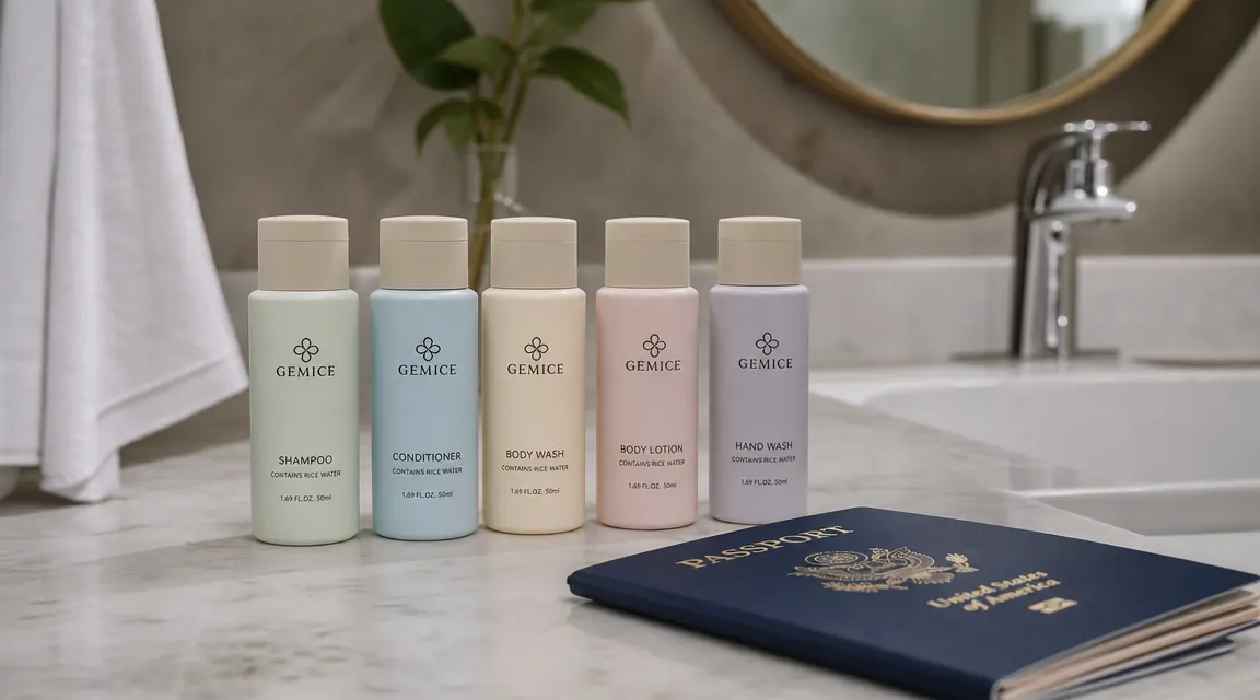 Set of five small Gemice travel bottles standing upright on a bathroom counter beside a passport