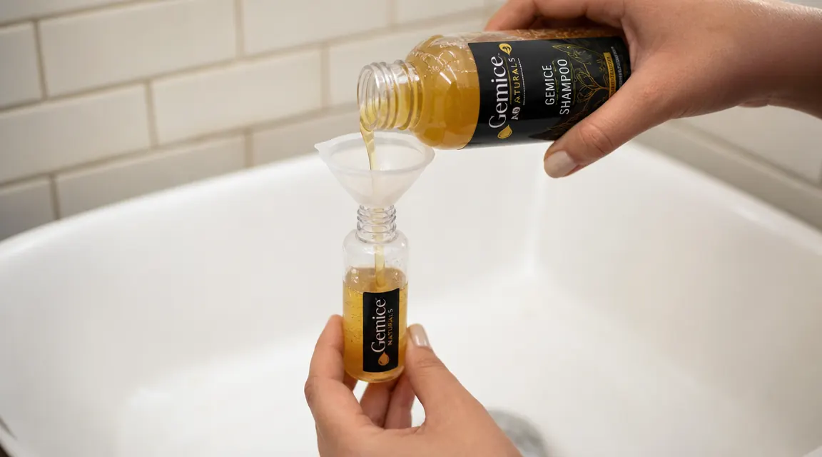 Hand filling a Gemice travel bottle with shampoo using a small funnel over a bathroom sink