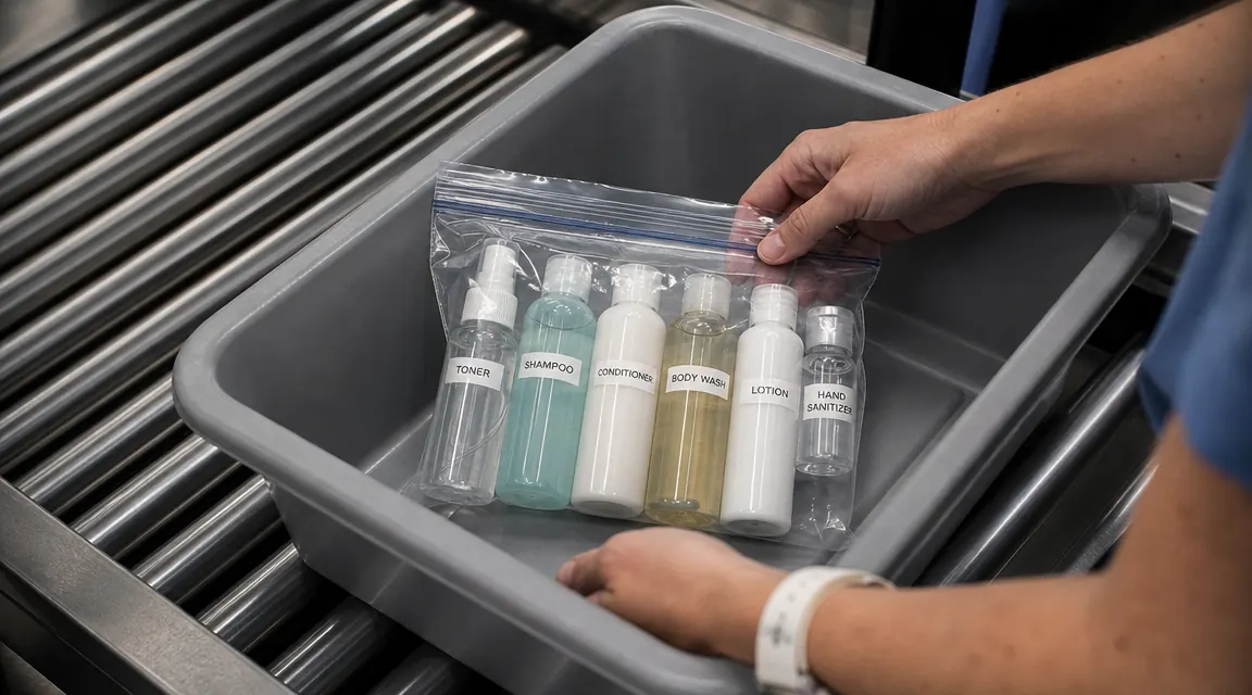 A clear quart-size zip bag with labeled travel bottles sitting in an airport security bin