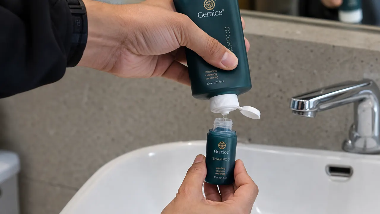 Hand filling a small clear travel bottle with shampoo using a pump dispenser