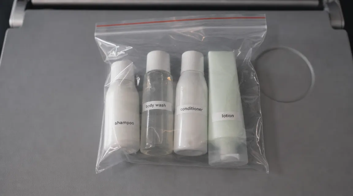 Travel toiletry bottles lined up inside a clear TSA quart bag ready for airport security