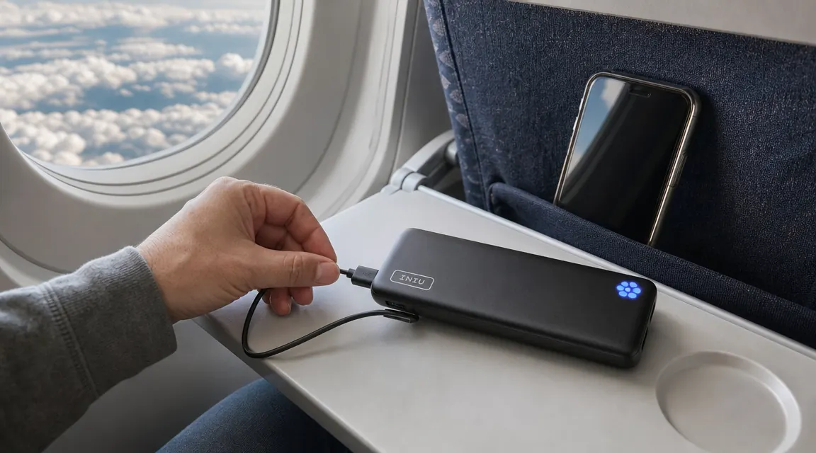 Hand connecting USB-C cable from power bank to smartphone on a tray table mid-flight
