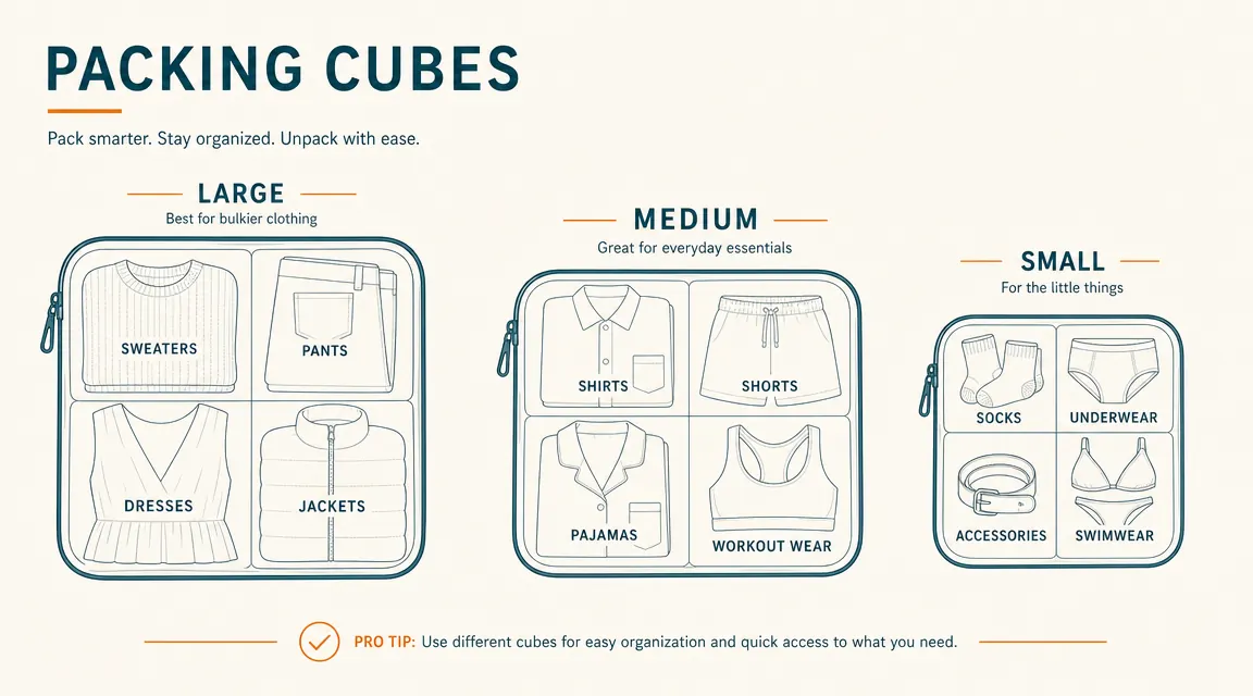 Diagram showing which size packing cube holds which clothing category: large for shirts, medium for pants, small for underwear and socks