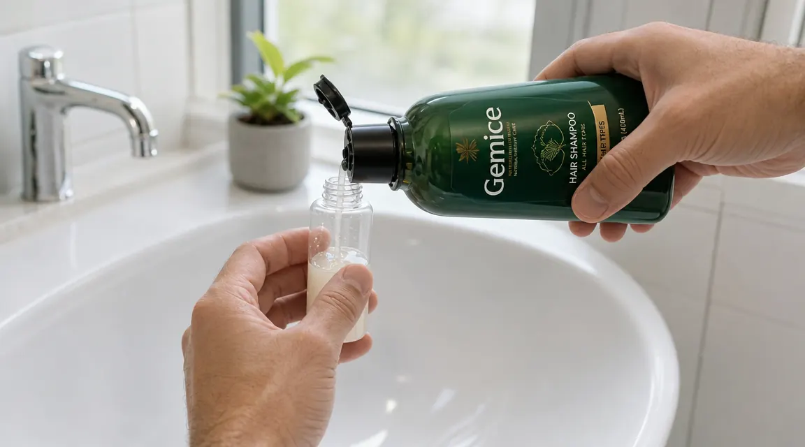 Hand filling a small Gemice travel bottle from a full-size shampoo bottle over a bathroom sink