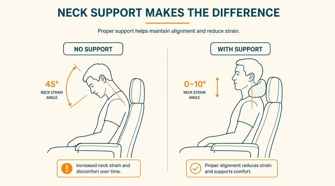 Overhead diagram showing economy seat recline angle versus neck angle without a neck pillow support