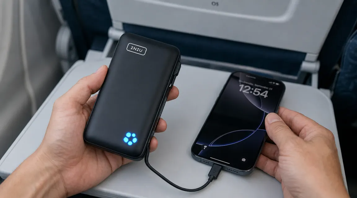 INIU 45W power bank connected to an iPhone via detachable USB-C cable, hand holding the charger over a tray table