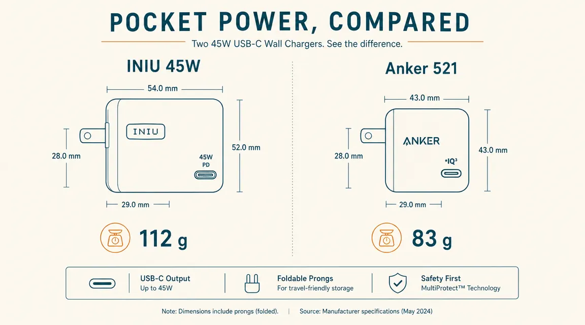 Side-by-side size comparison chart showing INIU 45W dimensions versus Anker 521 dimensions with labeled measurements