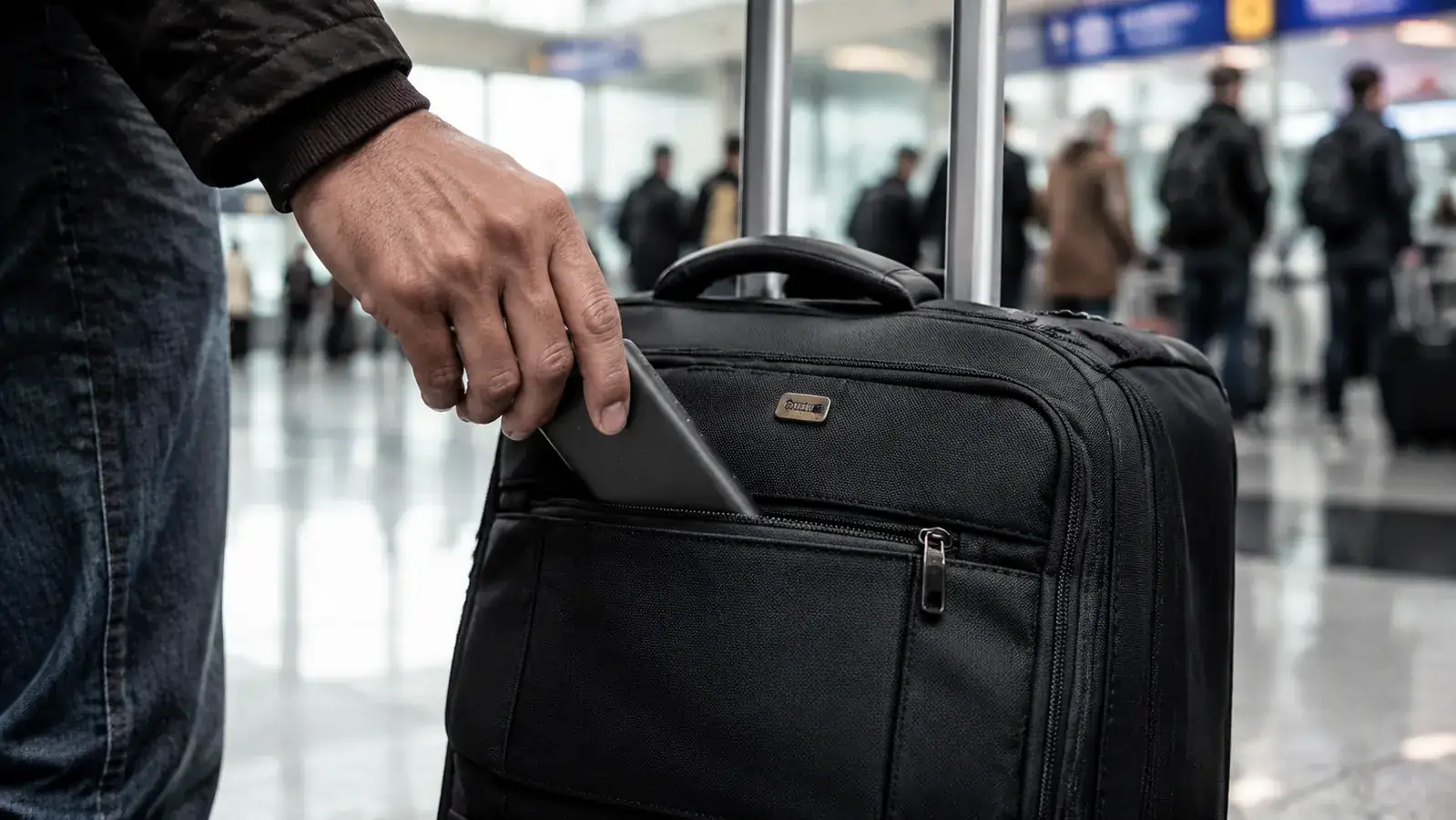Traveler sliding a slim power bank into the hip pocket of a carry-on luggage exterior pocket at an airport check-in area