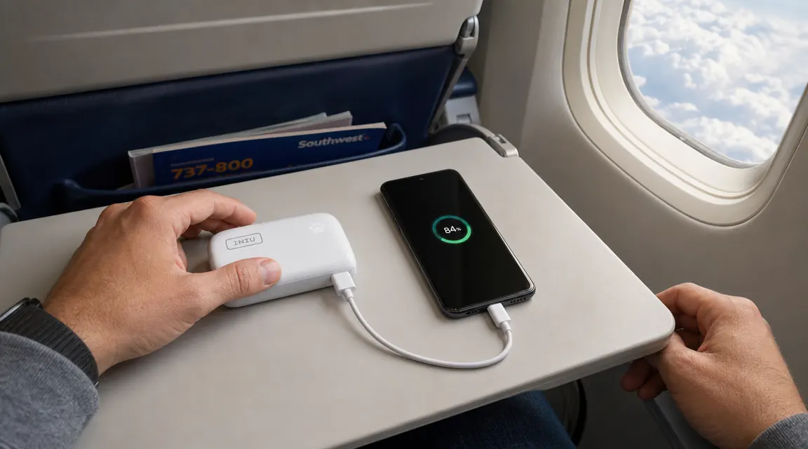 The INIU power bank with detachable USB-C cable unclipped and plugged into a Samsung Galaxy phone, sitting on an airline tray table