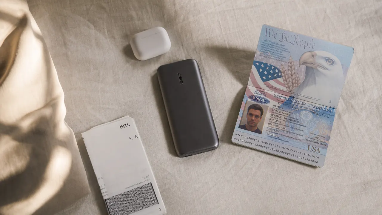 Overhead flat lay of the INIU power bank next to a passport, folded boarding pass, and AirPods case on a light linen surface