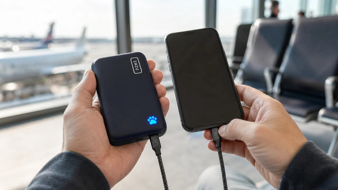 Hand holding the INIU power bank while plugging a USB-C cable into an iPhone, overhead airport gate seating visible