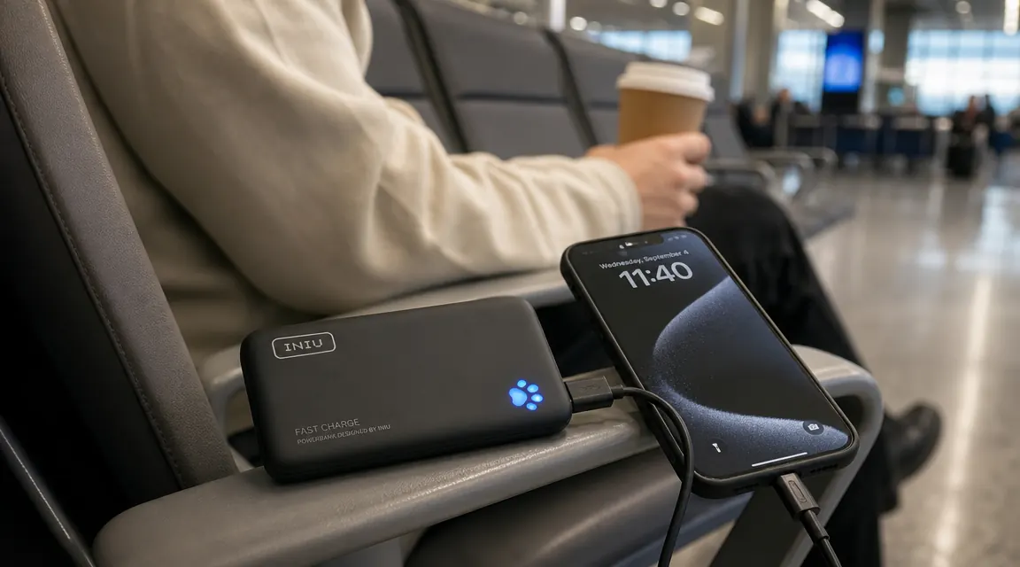 INIU 45W power bank plugged into an iPhone via the built-in cable on an airport seat armrest
