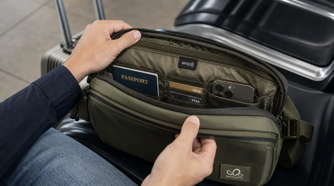 Close-up of an RFID-blocking sling bag's zippered compartments with a passport, cards, and phone organized inside