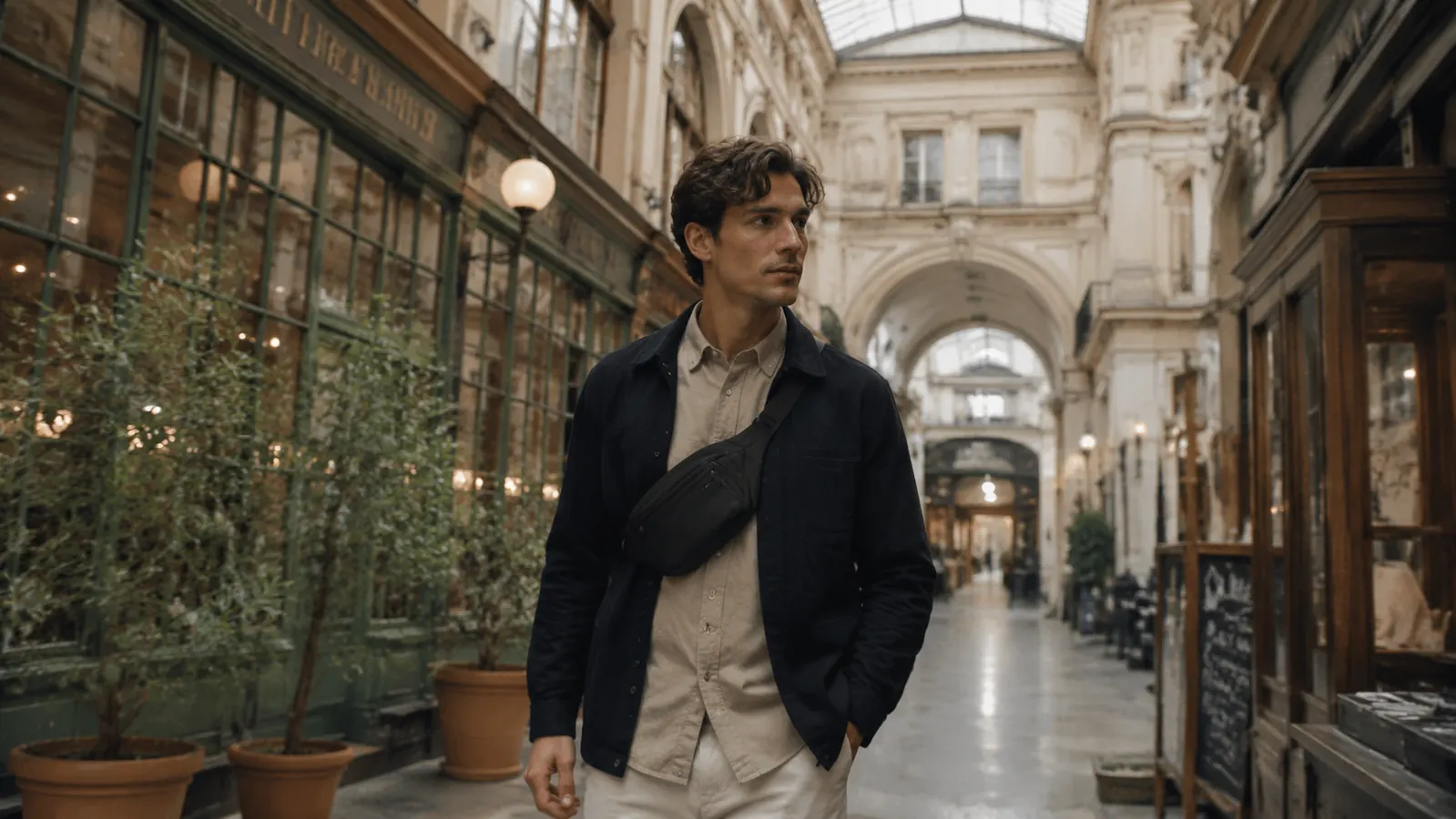Traveler walking through a covered European market arcade with a compact crossbody sling bag, relaxed posture, bag positioned at the front of the body