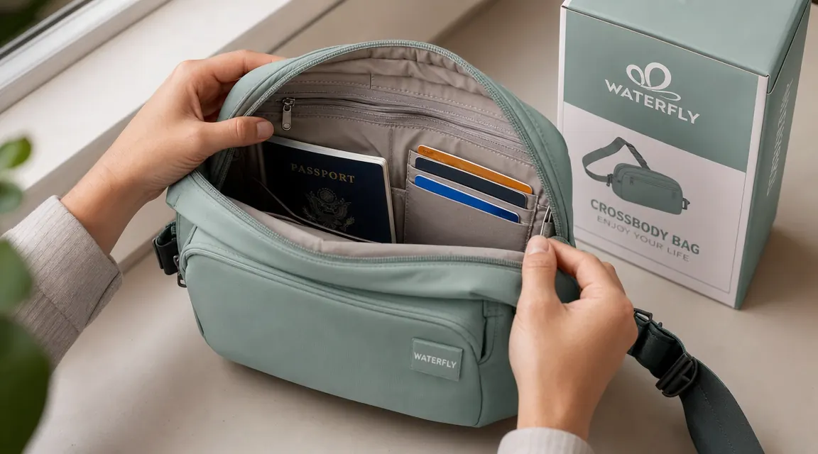 WATERFLY sling bag open showing interior organization pockets, credit cards visible in RFID-lined slot, passport tucked in back compartment