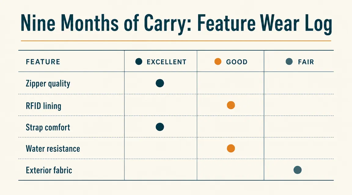 Chart showing nine months of travel with the WATERFLY sling bag: countries visited, days of use, and wear assessment by feature