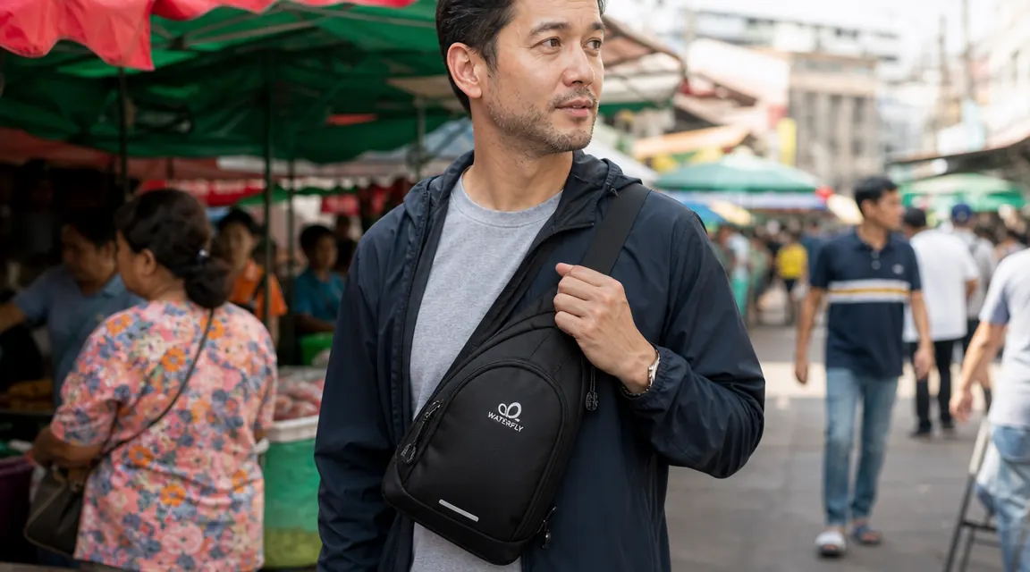 Traveler wearing a black WATERFLY crossbody sling bag at a crowded outdoor market